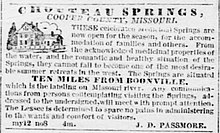 1855 Advertisement touting the medicinal benefits of Chouteau Springs water {from the Boonville Weekly Observer, July 7, p. 1} 1855 Ad for Chouteau Springs Boonville Weekly Observer July7 v16n16p1.jpg