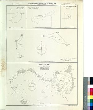 1886 Spanish nautical map, shows Olimaraos, Piagailoe (West Fayu), Pikelot, Elato, Lamotrek, and Woleai islands 1886 Spanish nautical map of Federated States of Micronesia islands.jpg