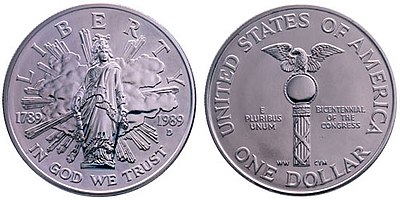 U.S. Congress Bicentennial silver dollar obverse (left) and reverse (right) 1989 US Congress Bicentennial Silver Dollar Obverse and Reverse.jpg