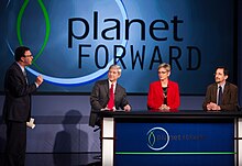 Frank Sesno talks to guests Thomas Connelly, Jr., executive vice president and chief innovation officer for DuPont, Jennifer Granholm, former governor of Michigan, and Andrew Revkin.