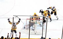 Patric Hornqvist celebrates the 2017 Stanley Cup-clinching goal against the Nashville Predators. 2017 SCF Game 6 Hornqvist celebrates game winning goal.jpg