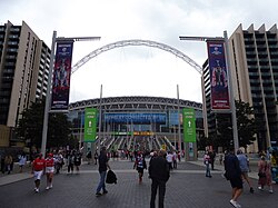 Wembley Stadium from the Olympic Way on the day of the 2023 Challenge Cup Final.