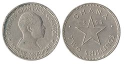 Мельхиоровая монета 2 шиллинга, бюст Кваме Нкрумы (1958 г.).
