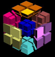 4-cube 2 virtual puzzle, one cubie is highlighted to show how the stickers are distributed across the cube. Note that there are four stickers on each of the cubies of the 2 puzzle but only three are highlighted, the missing one is on the hidden cell. 4-cube 2^4 highlighted.png