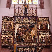 Late Gothic Altarpiece of carved and painted wood, from Elbing, Hanseatic city in Poland. Life of the Virgin with Adoration of the Magi in the central panel.