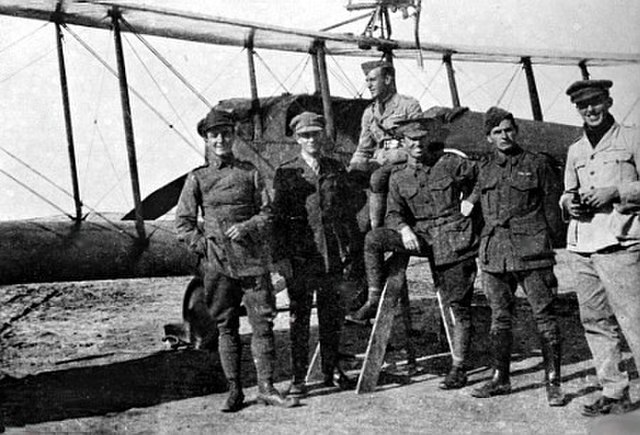 Members of C Flight, No. 1 Squadron, including Lieutenant McNamara (left), Captain Williams (third from right) and Lieutenant Wackett (right), in fron