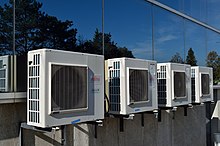 An array of air conditioner condenser units outside a commercial office building ACFujitsu2.jpg