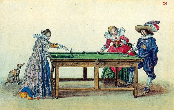 Billiards in the 1620s was played with a port, a king pin, pockets, and maces.