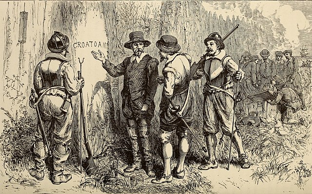 19th-century illustration depicting the discovery of the abandoned colony, 1590.