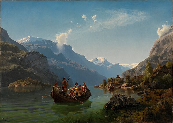 Brudeferd i Hardanger (Bridal procession in Hardanger), a monumental piece within Norwegian romantic nationalism. Painted by Hans Gude and Adolph Tide