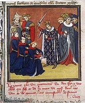 King John II of France in a ceremony of "adoubement", early 15th century miniature Adoubement1.jpg