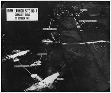 Cuban Missile Crisis, a reconnaisse photograph of Cuba, showing Soviet nuclear missiles, their transports and tents for fueling and maintenance Aerial Photograph of Intercontinental Range Ballistic Missile Launch Site Number One at Guanajay, Cuba - NARA - 193934.tif