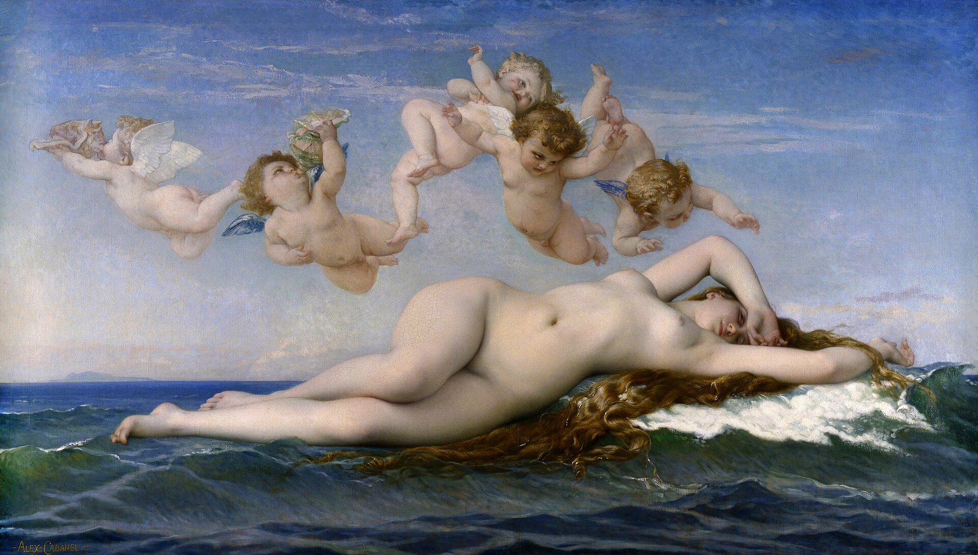 A nude venus floats on the waves as if she has just woken up while small putti frolic in the sky above her blowing conch shells