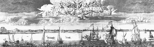 A view of St. Petersburg by Alexey Zubov, 1716, shows yachts and war ships on the Neva River.