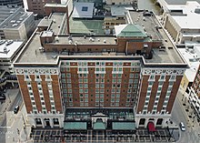 The Pantlind Hotel in downtown Grand Rapids was the first studio location for WZZM. Amway Grand Plaza Hotel - Pantlind Hotel.jpg