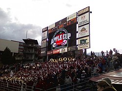 WSU defeated winless UW 16-13 in double overtime at the 2008 Apple Cup. The new west end scoreboard was part of phase II upgrades. Apple Cup 2008.jpg