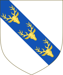 Arms of Stanley: Argent, on a bend azure three buck's heads cabossed or Arms of Stanley.svg