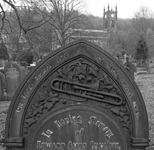 Trombone on a 1909 headstone, Christ Church, Todmorden At the Last Trump (6379252387).jpg