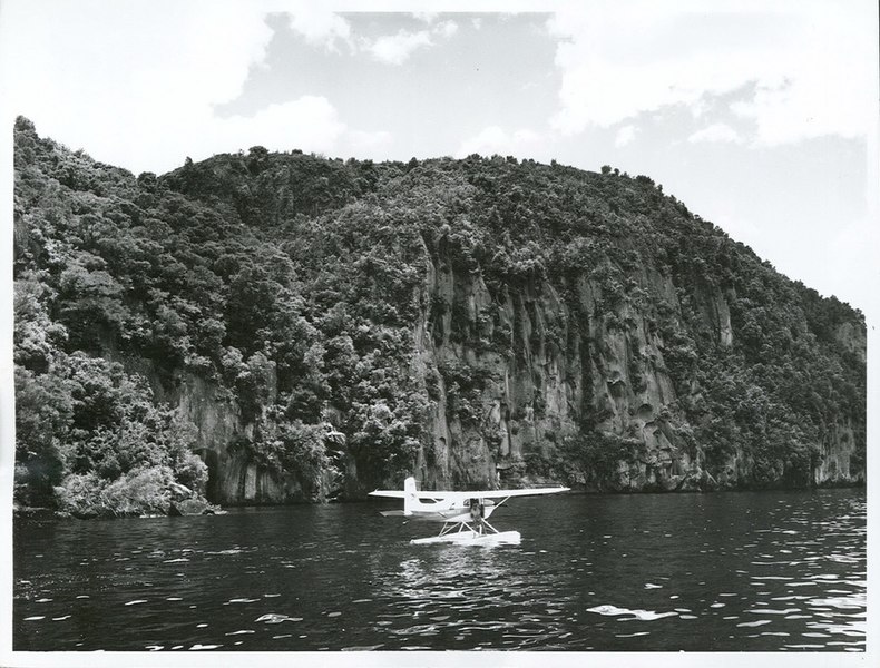 File:Auckland Province - Taupo, Lake Publicity Caption Patrick Burstall trolling for trout from the float of the Cessna 185 Floatplane, Lake Taupo Photographer D Nicholson.jpg