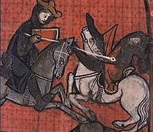 A crowned man battling another man, both on