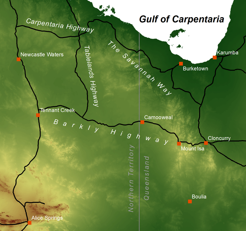 Map of the region showing major roads and selected towns. The background is an elevation model so the tableland's extent can be identified as the rather uniformly coloured darker green area (corresponding to an elevation of 200–300 metres) around the appropriately named Barkly and Tableland Highways.