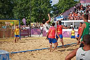 Deutsch: Beachhandball bei den Olympischen Jugendspielen 2018; Tag 7, 13. Oktober 2018; Jungen, Finale – Portugal-Spanien 1:2 English: Beach handball at the 2018 Summer Youth Olympics at 13 October 2018 – Boys Gold Medal Match – Portugal-Spain 1:2