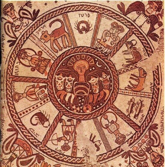 A sixth-century mosaic zodiac wheel in synagogue Beth Alpha incorporating Greek-Byzantine elements, Israel