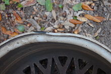 Damage to the rim can cause vibration and cause a tubeless tire to fail to hold pressure BentRim.jpg