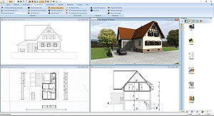 Benutzeroberfläche von cadvilla mit einer 2D Draufsicht, einer Seitenansicht, einem Schnitt und einer 3D Ansicht