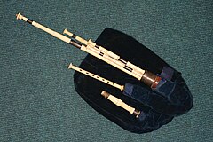 Northumbrian smallpipes, played in North East England BewickPipesDunn.jpg