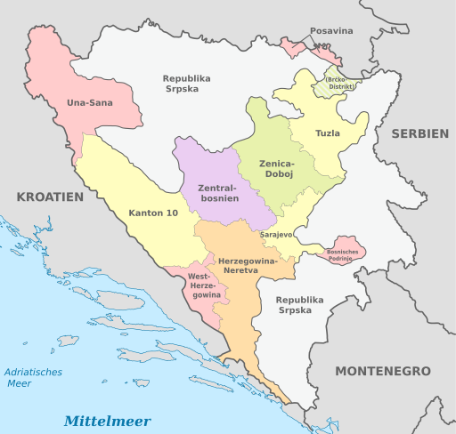 Bosnia and Herzegovina, administrative divisions - de (cantons) - colored