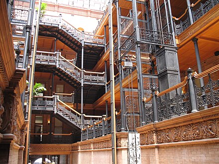 Cast iron balustrades of the type sometimes called "filigree", in the central atrium of the Bradbury Building in Los Angeles