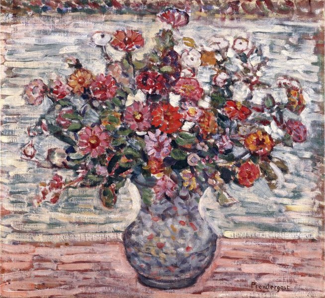 File:Brooklyn Museum - Flowers in a Vase (Zinnias) - Maurice Brazil Prendergast - overall.jpg