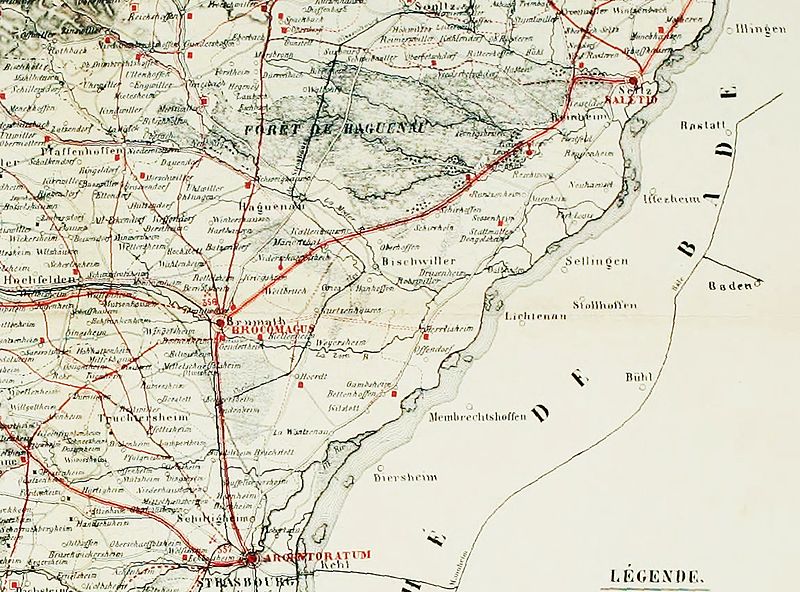 File:Carte du département du Bas-Rhin indiquant le tracé des voies romaines, 1861 - detail Strasbourg-Seltz.jpg