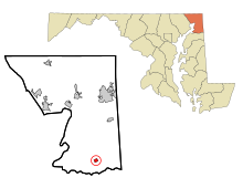 Cecil County Maryland Sisällytetyt ja rekisteröimättömät alueet Cecilton Highlighted.svg