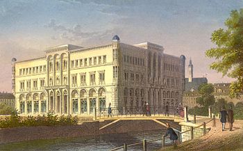 Die Central-Halle in Leipzig am Pleißemühlgraben. Im Hintergrund die Neukirche (später Matthäikirche), 1850