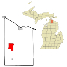 Cheboygan County Michigan Sisällytetyt ja rekisteröimättömät alueet Indian River Highlighted.svg