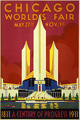 Image 3A poster for the Century of Progress World's Fair showing exhibition buildings with boats in the foreground.. Image credit: Weimer Pursell (artist); Neely Printing Co., Chicago (silkscreen print); Jujutacular (digital retouching) (from Portal:Illinois/Selected picture)