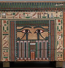 Left-hand side of the Coffin of Nakhtkhnum showing the Middle Kingdom equivalent of the Old Kingdom False Door. Coffin of Nakhtkhnum MET DP354911.jpg