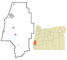 Coos County Oregon Sisällytetyt ja rekisteröimättömät alueet Myrtle Point Highlighted.svg