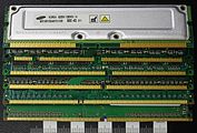 Deutsch: Speichermodule, von oben nach unten: RAMBUS, SD-RAM, DDR, DDR2, DDR3, DDR4 English: Computer memory modules. RAMBUS, SD-RAM, DDR, DDR2, DDR3, DDR4