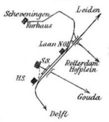 Train stations in The Hague; situation between 1908 and 1953. Den Haag - ligging van stations in 1936.jpg