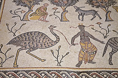 Detail of the 6th century AD mosaic in the Diakonikon Baptistry of the Moses Memorial Church depicting a hunting and herding scene interspersed with various animals, Mount Nebo, Jordan (39965325324).jpg