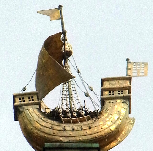 a model of a 14th-century merchant ship, or cog converted for warfare