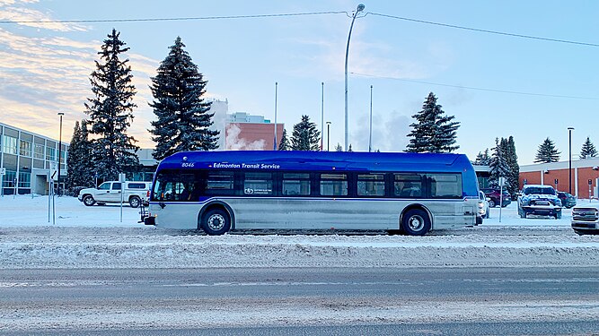Edmonton Transit Service Proterra ZX5 on a route 110X service to downtown at 106 Street