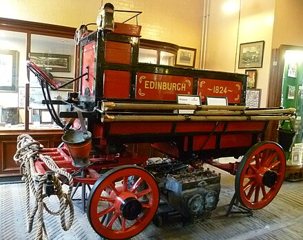 Manually drawn fire pump in service in Edinburgh in 1824.