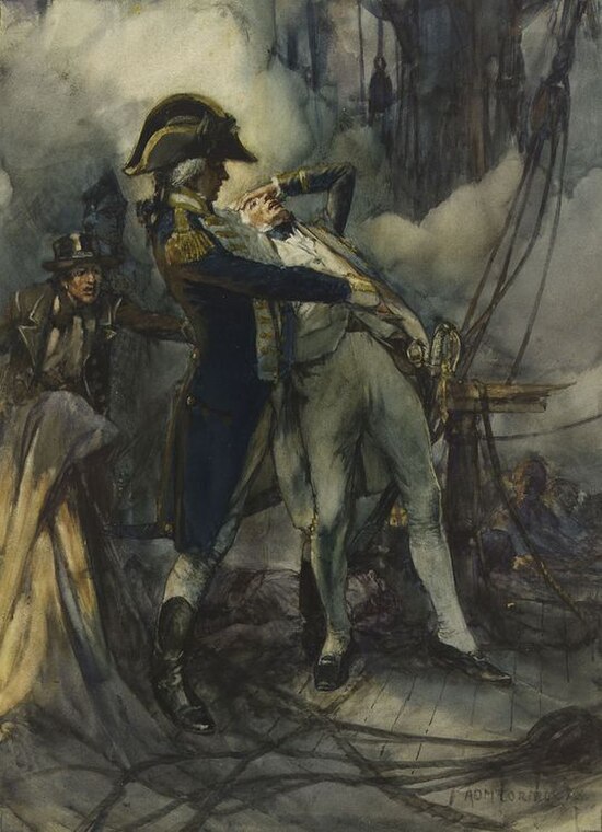 Captain Edward Berry catching Nelson as he falls wounded at the Battle of the Nile.