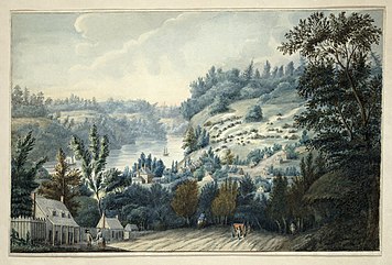 Painting by Edward Walsh from 1803 to 1807, depicting the upper Canadian wilderness closing off a small village from the rest of society. Edward Walsh - Queenstown, Upper Canada on the Niagara (a.k.a. Queenston, Ontario).jpg