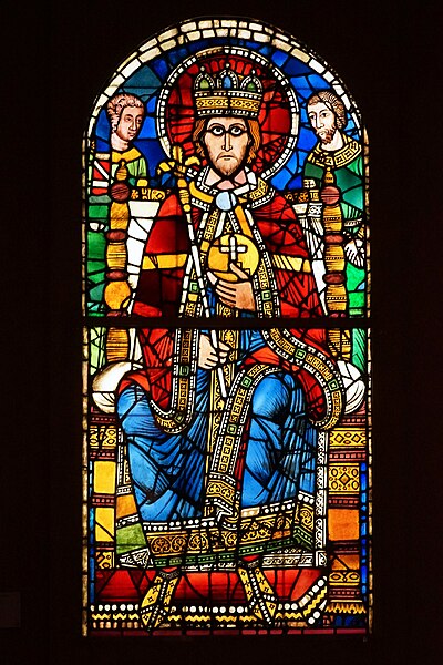 Depiction of Charlemagne in a 12th-century stained glass window, Strasbourg Cathedral, now at Musée de l'Œuvre Notre-Dame.