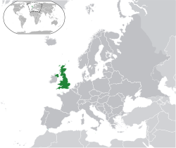 Местоположбата на  Велика Британија  (темнозелено) на Европскиот континент  (темносиво)  —  [Легенда]